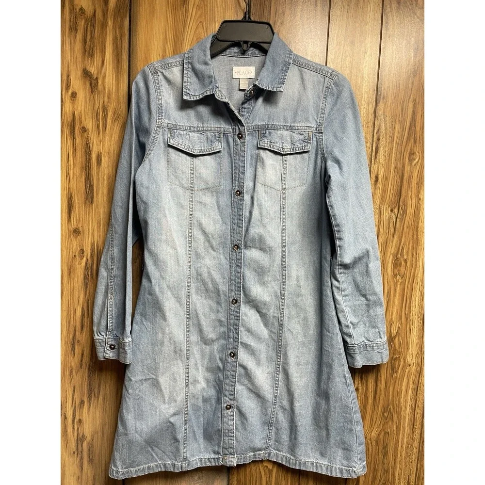 Children's PLACE Girls Dress XXL 16 Blue Denim Button Long Sleeve Preppy Beach